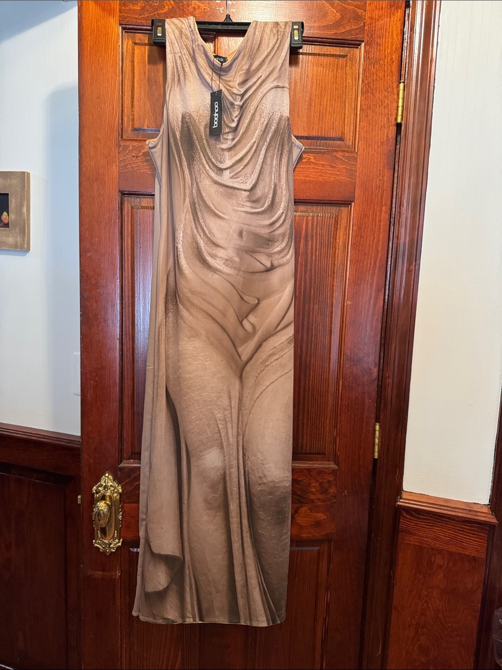Boohoo Taupe Swirl Draped Maxi Dress